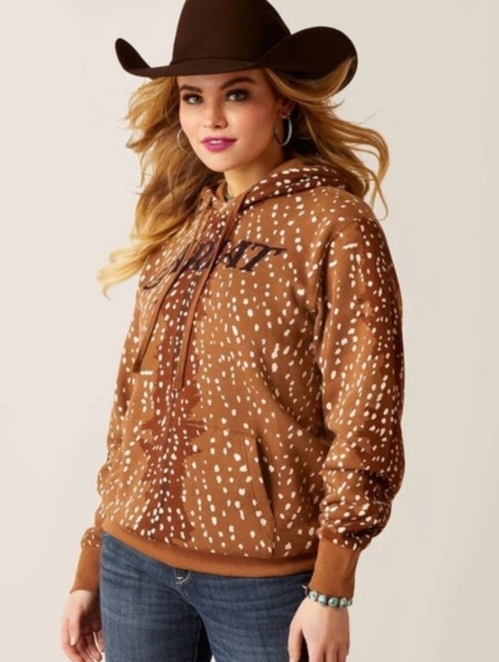 Ariat Brown Deer Patterned Logo Hoodie Kangaroo Pocket Western Wear Rider Medium